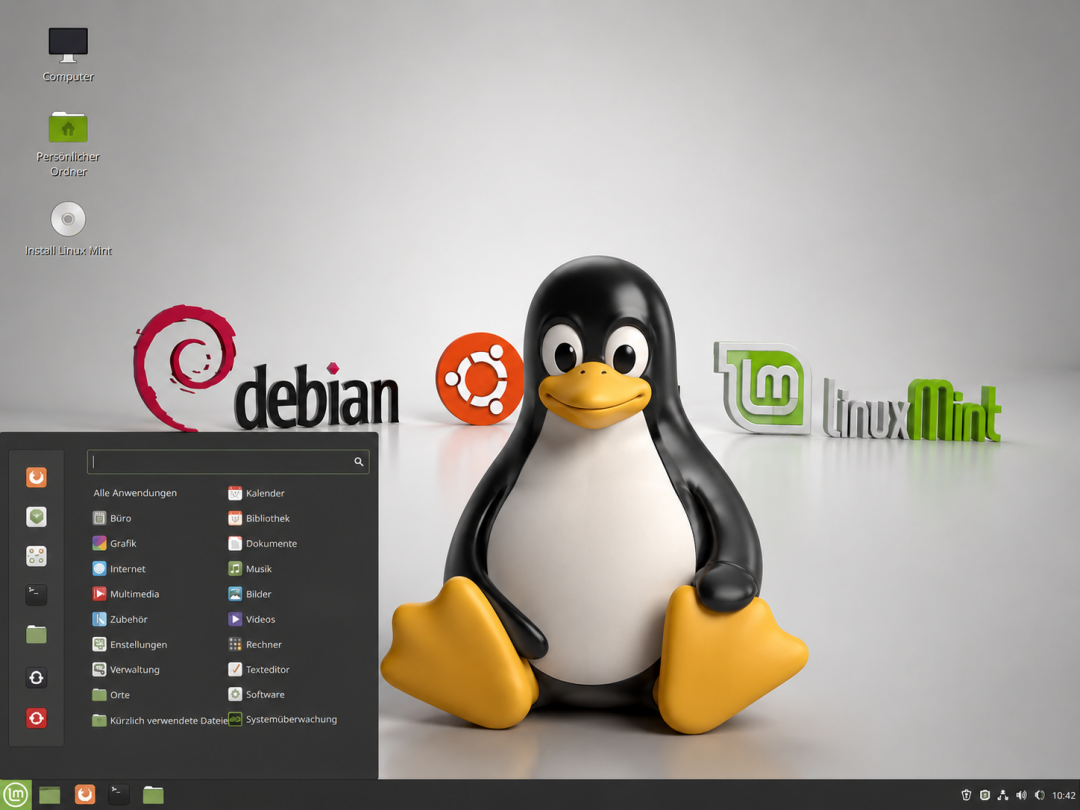 Die Oberfläche eines Bildschirms zeigt die Logos von den Betriebssystemen debian und Linux auf weißem Hintergrund und einen Spielzeugpinguin. Im linken unteren Bildrand ist eine Menüleiste aufgeklappt.